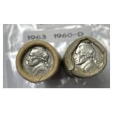 1960-D & 1963 Jefferson Nickel Bank Wrapped Rolls