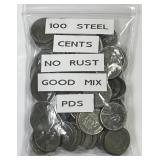 1943 P D S Lincoln Steel Cent Bag of 100 No Rust