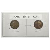 1915 & 1916 Lincoln Wheat Cent Pair Extra Fine XF