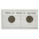1913-S & 1914-S Lincoln Wheat Cent Pair Good