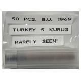TURKEY: Lot of Fifty 1969 5 Kurus Uncirculated BU