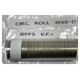 1938-D Jefferson Nickel 1st Year Issue Roll
