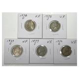 Five Key Date Jefferson Nickels 1938 1939 1950