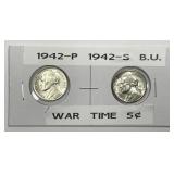 1942 P & S Silver Jefferson Nickel Pair BU