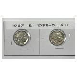 1937 & 1938-D Buffalo Nickel Pair AU