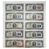 Ten 1976 $2 Stamped FRN Notes Costa Mesa CA
