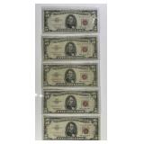 Five $5 Red Seal US Notes