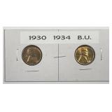 1930 & 1934 Lincoln Wheat Cent Pair UNC BU