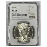 1924 Peace Silver $1 Choice BU NGC MS64