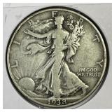 1938-D Walking Liberty Silver Half Key Date Fine F