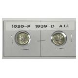 1939 P & D Mercury Silver Dime Pair AU
