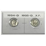 1934-D & 1935-D Mercury Silver Dime Pair XF
