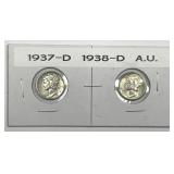 1937-D & 1938-D Mercury Silver Dime Pair AU