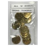 Vintage Set of 12 Zodiac Brass Tokens 26mm