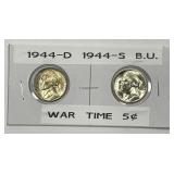 1944 D & S Silver Jefferson Nickel Pair BU
