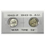 1943 P & D Silver Jefferson Nickel Pair BU