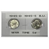 1945 D & S Silver Jefferson Nickel Pair BU