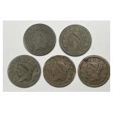 Lot of 5 Large Cents 1819 to 1848