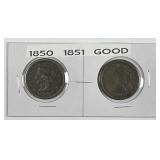 1850 & 1851 Braided Hair Large Cent Pair