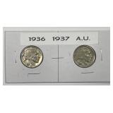 1936 & 1937 Buffalo Nickel Pair AU