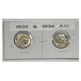 1935 & 1936 Buffalo Nickel Pair About Uncirculated