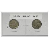 1919 & 1920 Buffalo Nickel Pair Very Fine VF