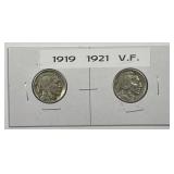 1919 & 1921 Buffalo Nickel Pair Very Fine VF