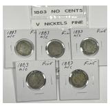 Five 1883 Liberty Head Nickels NO CENTS Fine