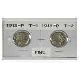 1913 Type 1 & 2 Buffalo Nickel Pair Fine
