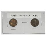1913 P & D Lincoln Wheat Cent Pair Extra Fine