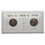 1912-S & 1913-S San Francisco Lincoln Wheat Cents
