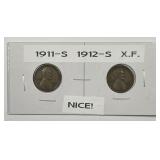1911-S & 1912-S Lincoln Wheat Cent Pair Extra Fine