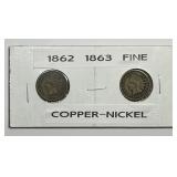 1862 & 1863 Indian Head Cent Pair Fine F