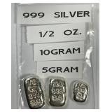 5 Gram, 10 Gram, & 1/2 oz .999 Silver Poured Bars