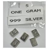 Lot of Five 1 Gram Silver Bars