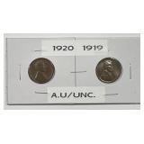 1919 & 1920 Lincoln Wheat Cent Pair AU/UNC