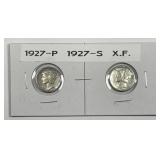 1927 P & S Mercury Silver Dime Pair XF