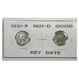 1921 & 1921-D Mercury Dime Key Date Pair Good G