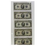 Five 1934  $10 Blue Seal Silver Certificates