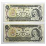 CANADA: Pair 1969-75 $1 One Dollar Notes UNC