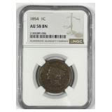 1854 Braided Hair Large Cent NGC AU58