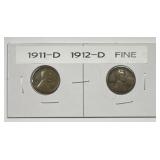 1911-D & 1912-D Lincoln Wheat Cent Pair Fine F
