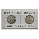 NEW ZEALAND: 1933 & 1934 Silver Shilling Pair VF