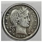 1898 Barber Silver Quarter Very Fine VF