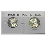 1950-D & 1951-S Washington Silver Quarter Pair BU