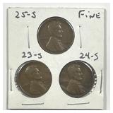 1923-S 1924-S 1925-S Lincoln Wheat Cent Trio