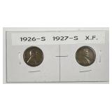 1926-S & 1927-S Lincoln Wheat Cent Pair Extra Fine