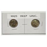 1925 & 1927 Lincoln Wheat Cent Pair UNC