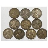 Ten 1921-S Lincoln What Cents in Fine