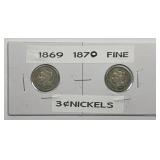 1869 & 1870 Three Cent Nickel 3cN Pair Fine F